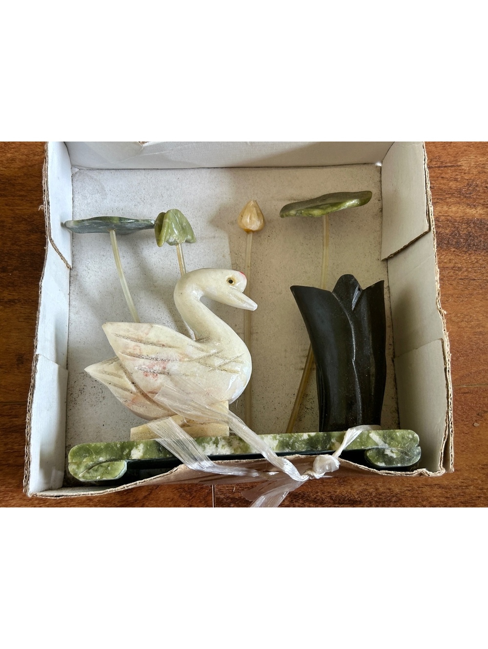 Vintage Hand-Carved Stone Swan Figurine with Floral Accents